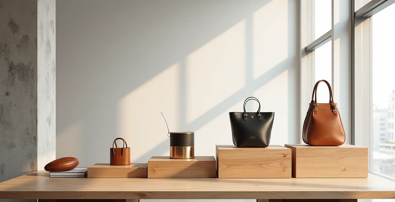 Systematisch arrangierte Premium-Accessoires zeigen den Aufbau einer raffinierten Sammlung auf einem modernen, von Bauhaus inspirierten Holztisch.