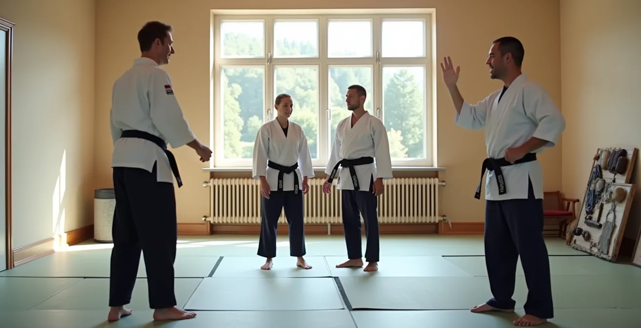 Einladende Trainingsatmosphäre mit Anfängern und Trainern in einem deutschen Kampfsportverein