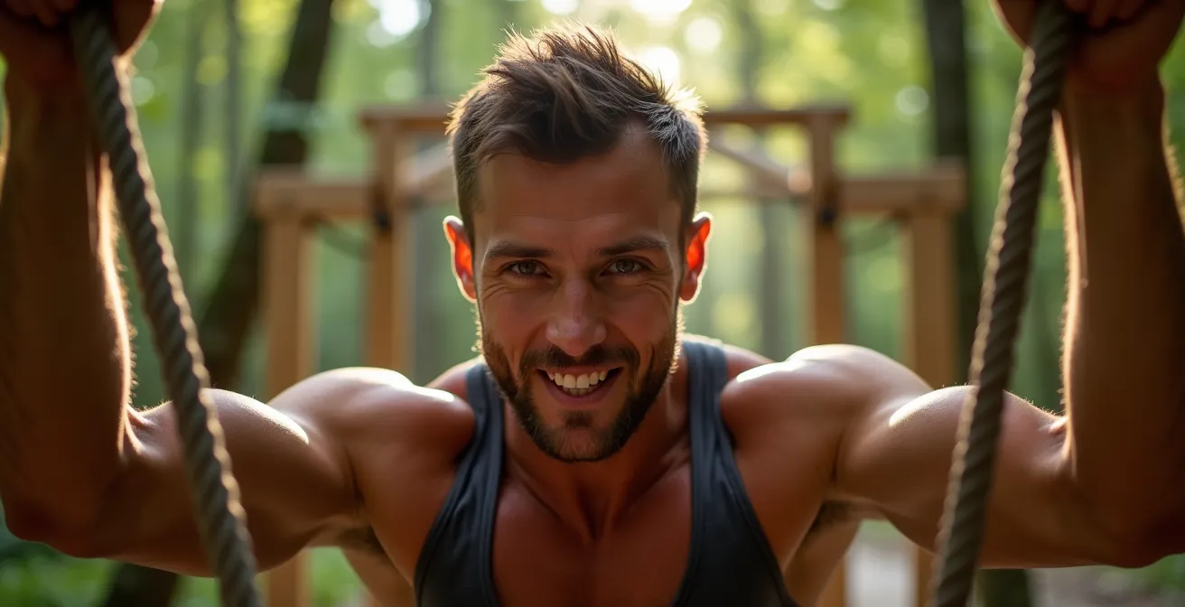 Ein Athlet trainiert entschlossen an einer Station eines traditionellen deutschen Trimm-Dich-Pfads im Wald.