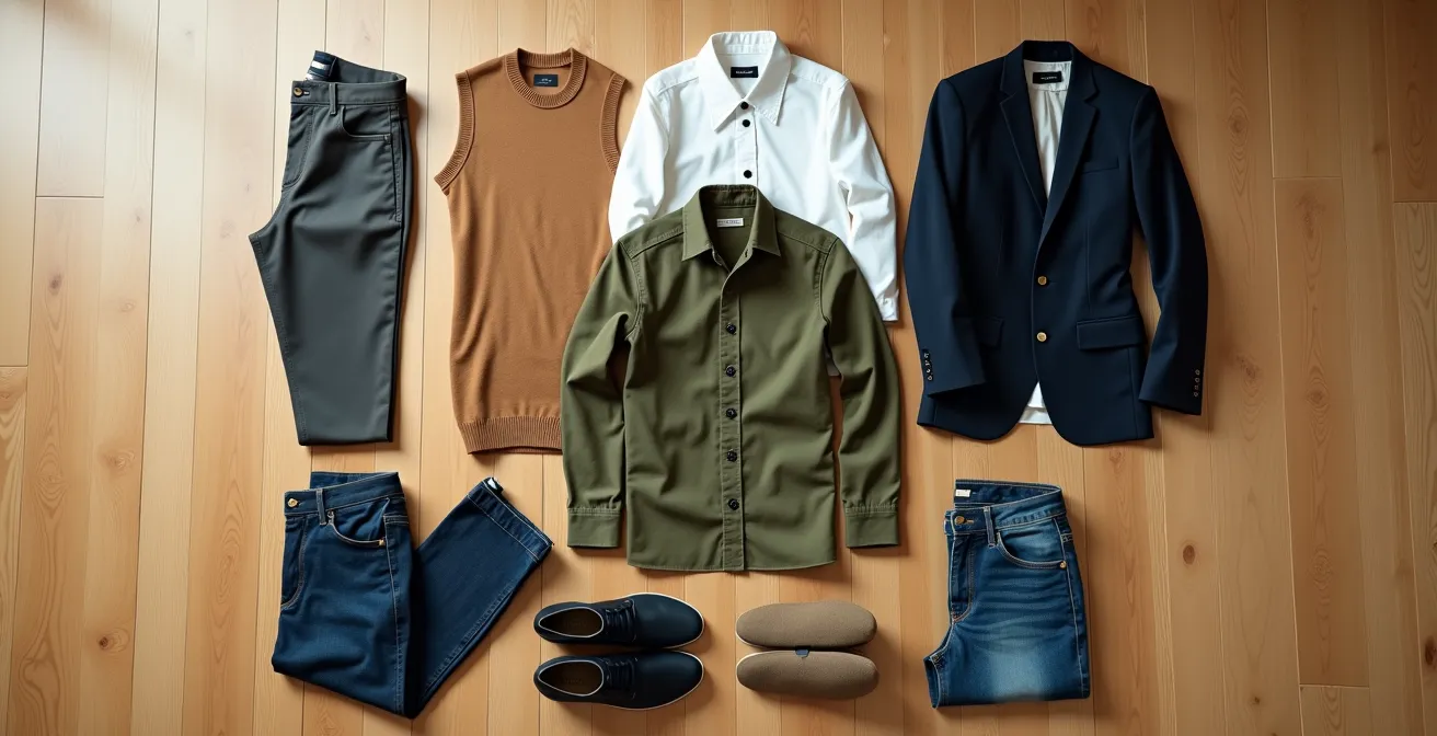 Flach ausgelegte 15 Kleidungsstücke einer Capsule Wardrobe in harmonischen Erdtönen