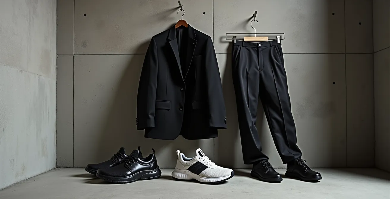 Moderne Fusion von Streetwear und Business-Mode im urbanen Kontext