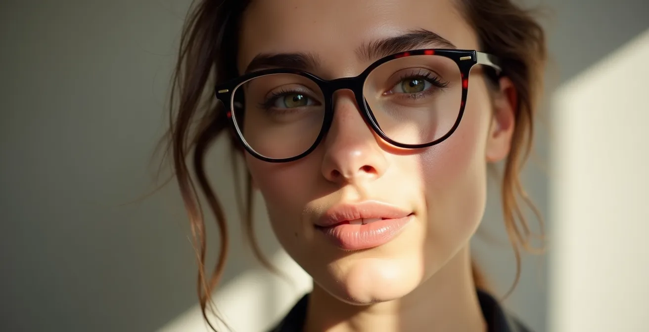Eine moderne Brille als zentrales Accessoire eines minimalistischen Looks