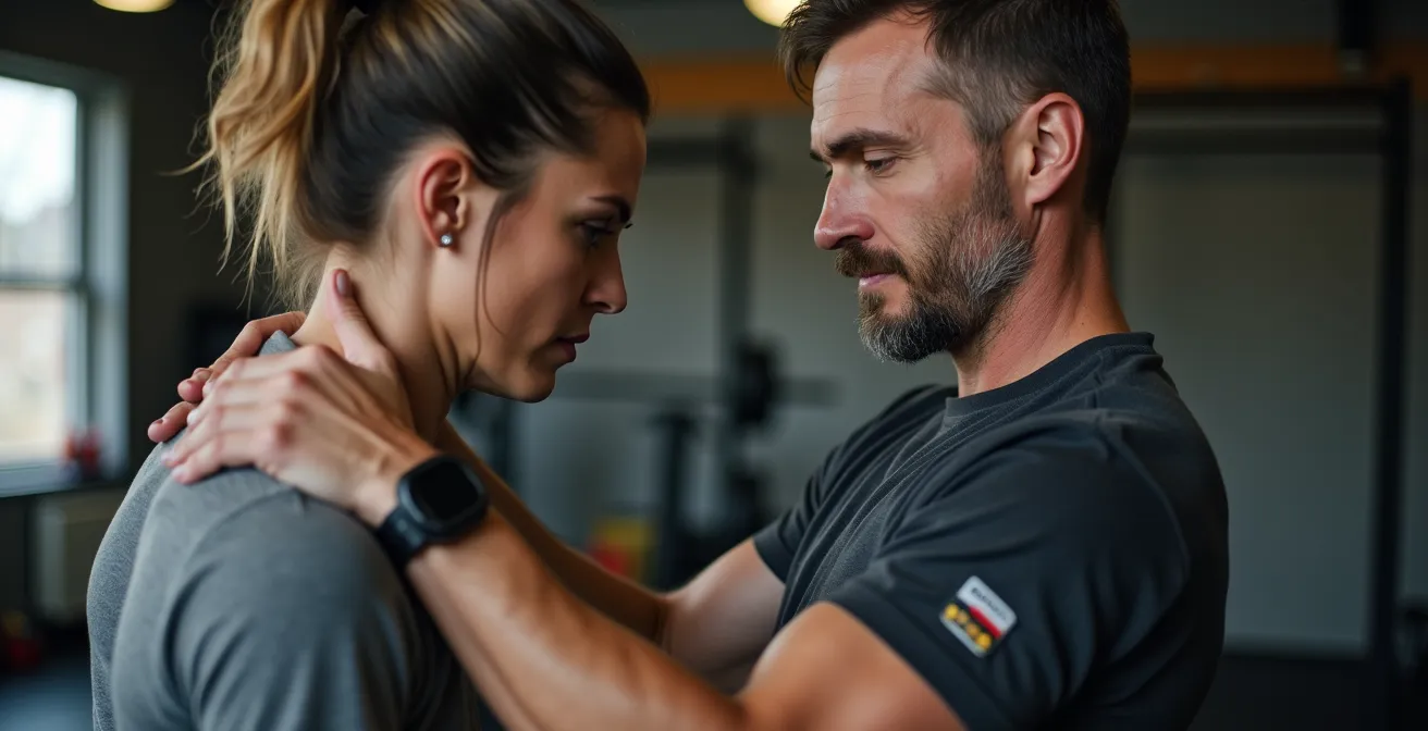 Ein erfahrener CrossFit Coach korrigiert die Technik eines Athleten beim Kreuzheben in einer deutschen Box, was den Fokus auf Sicherheit unterstreicht.