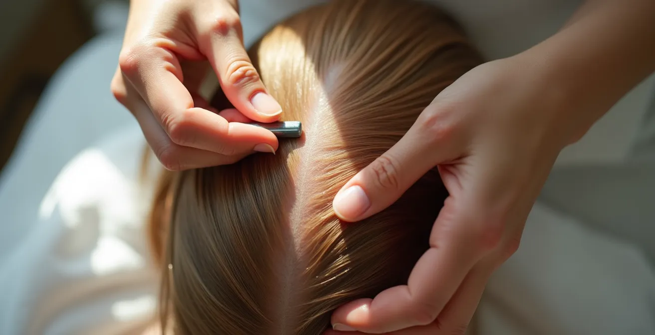 Nahaufnahme der Dermaroller-Anwendung auf der Kopfhaut