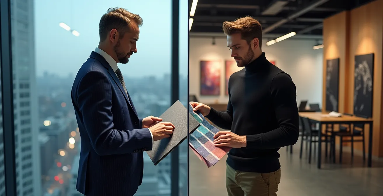 Split-Screen Aufnahme zweier Männer in unterschiedlichen Business-Stilen: links ein Banker in Frankfurt, rechts ein Startup-Gründer in Berlin.