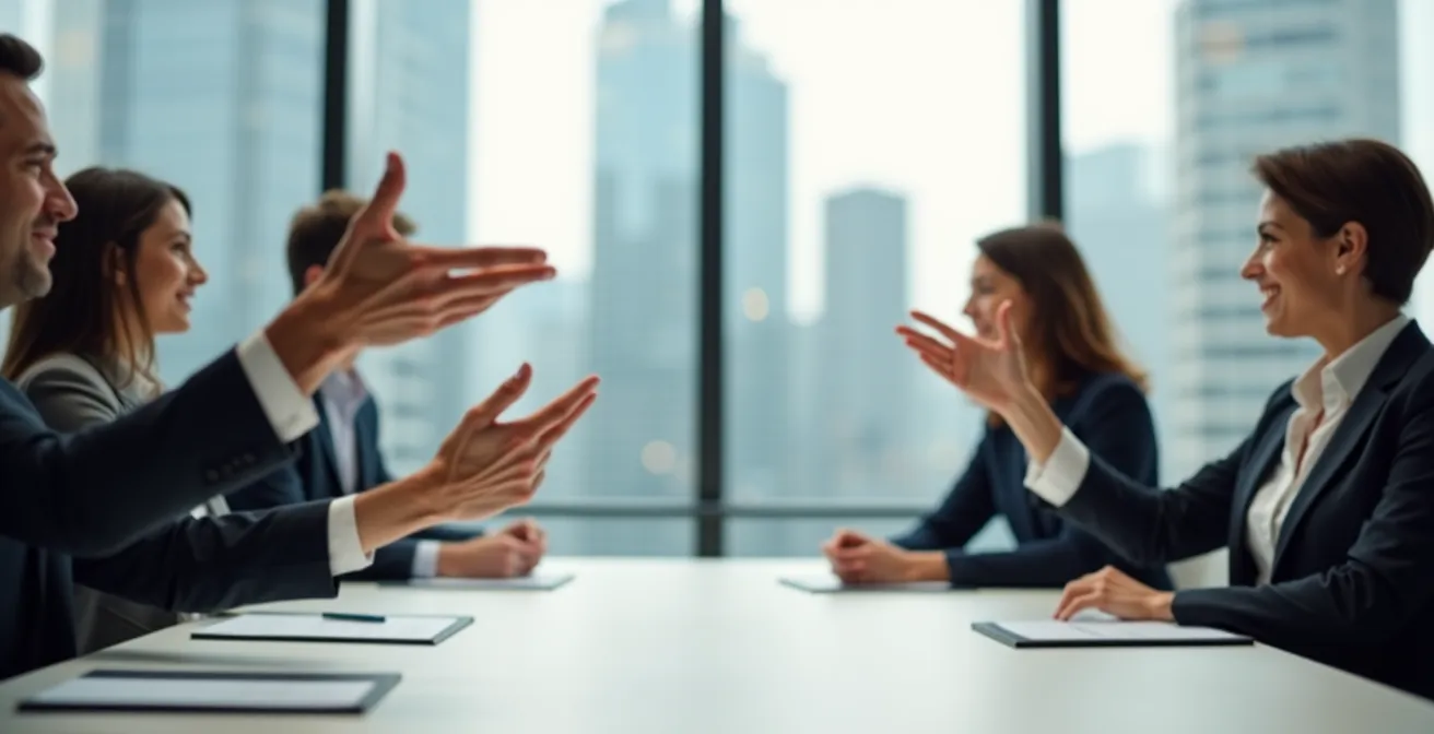 Zwei Geschäftsleute in einem respektvollen Gespräch mit direktem Augenkontakt