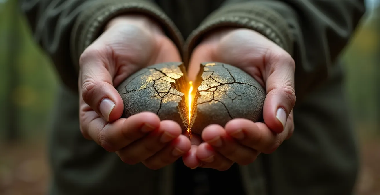 Nahaufnahme einer Hand, die einen zerbrochenen Stein hält, durch dessen Riss goldenes Licht scheint