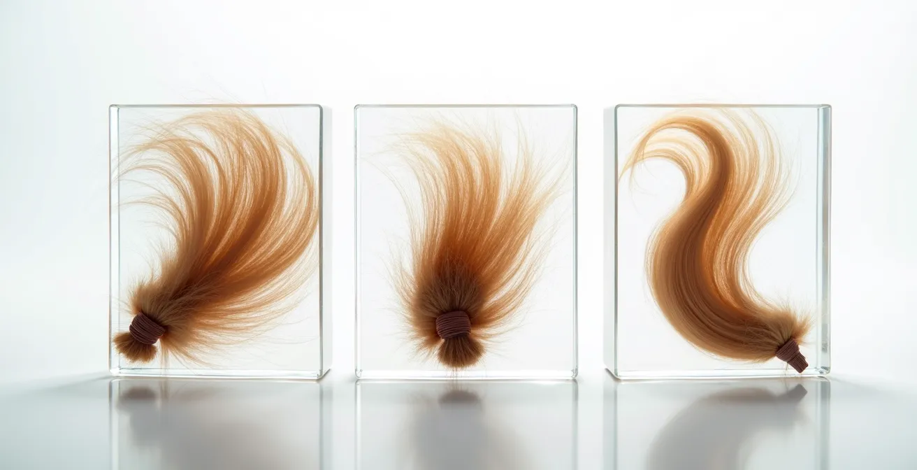 Mikroskopischer Vergleich verschiedener Haarschädigungen, der thermische, chemische und mechanische Schäden an Haarsträhnen zeigt.