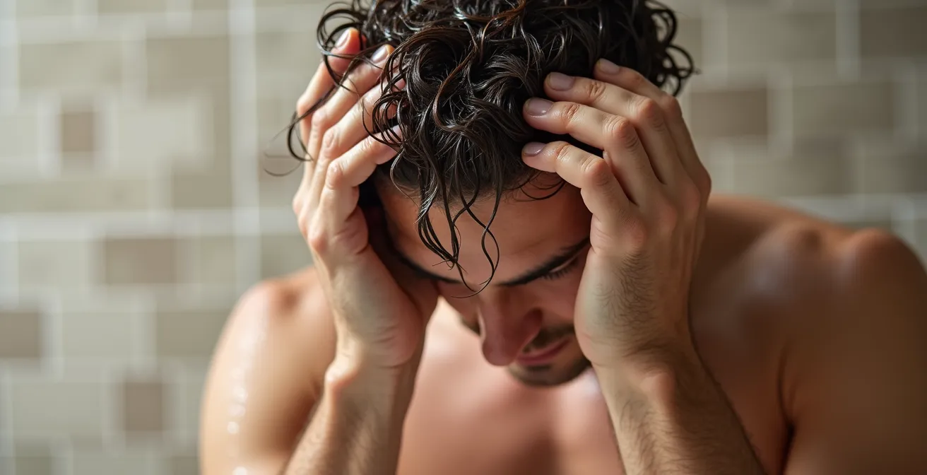 Nahaufnahme von Händen, die Haar mit Mikrofasertuch sanft ausdrücken