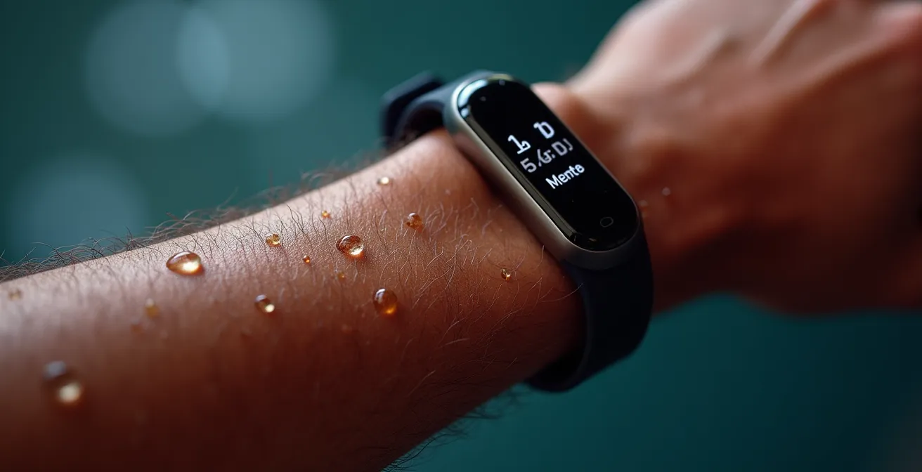 Detailaufnahme eines Pulsmessers am Handgelenk während des Trainings, der die physische Anstrengung symbolisiert.