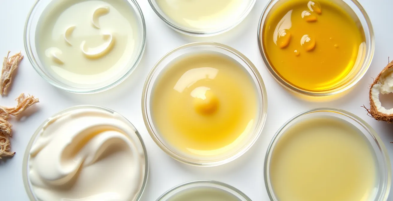 Makroaufnahme verschiedener Haarpflege-Texturen und natürlicher Inhaltsstoffe