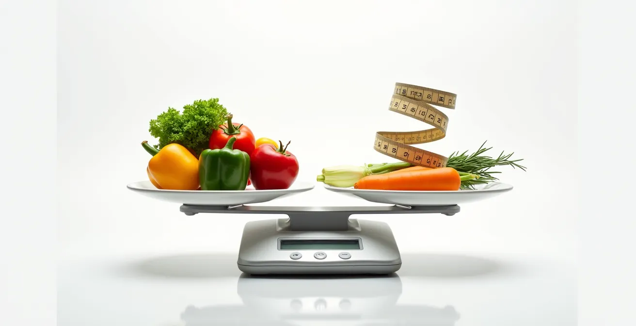 Visuelle Darstellung eines Kaloriendefizits mit Waage und Maßband