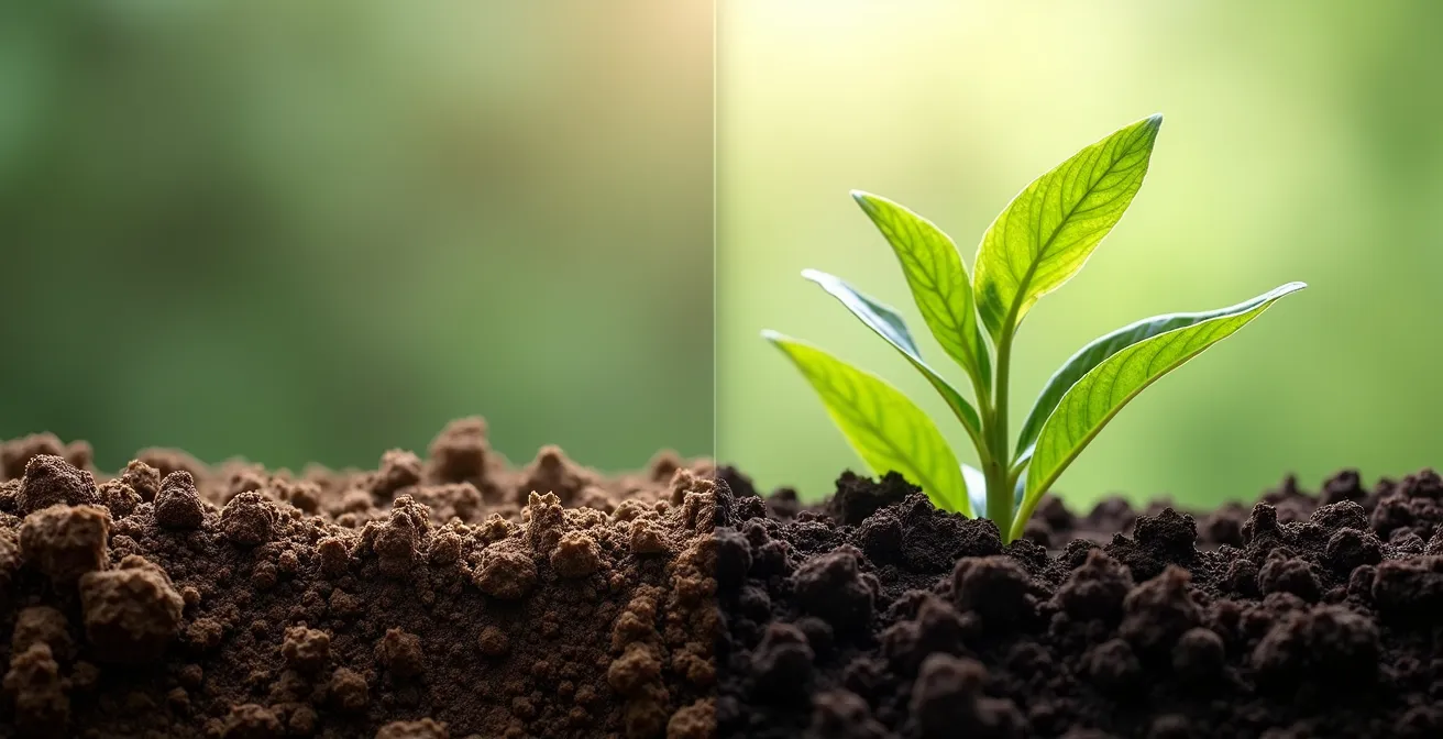 Symbolische Darstellung der Kopfhaut als Gartenboden mit Haarwurzeln wie Pflanzenwurzeln in nährstoffreicher Erde