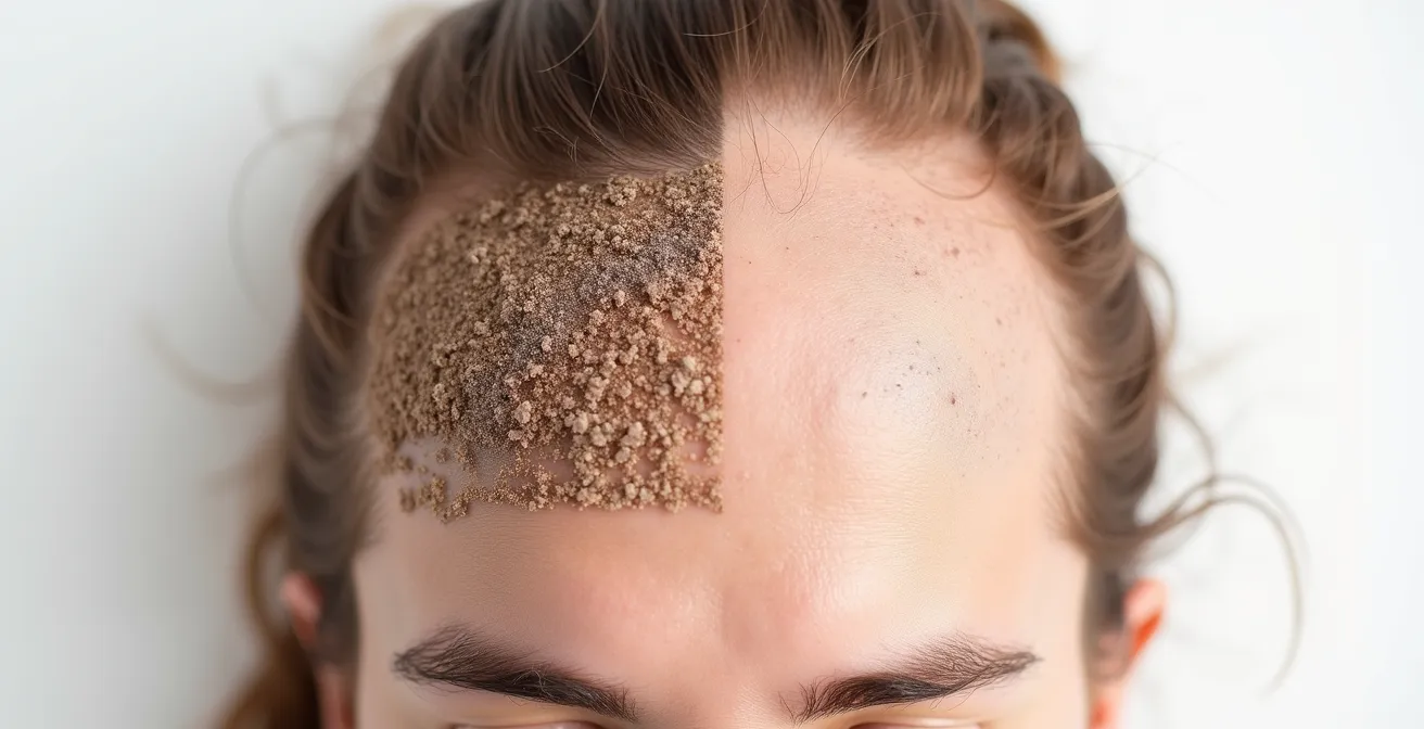 Minimalistische Darstellung einer geschädigten und gesunden Kopfhaut im Vergleich