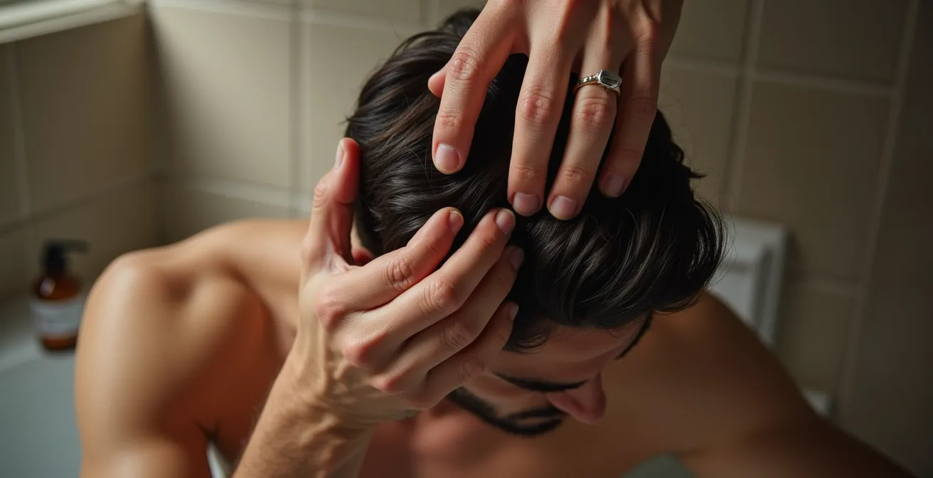 Detailaufnahme der korrekten Serum-Anwendung mit Scheiteltechnik auf männlicher Kopfhaut