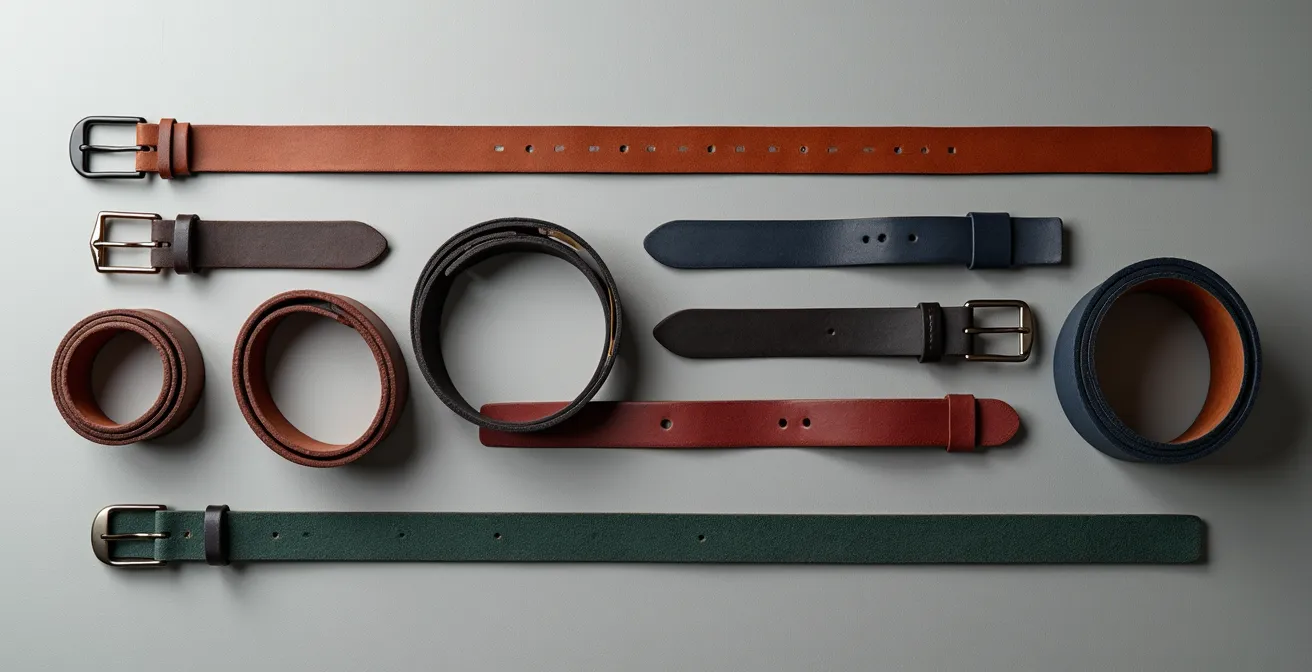 Verschiedene Ledergürtel in bunten Farben und Texturen elegant arrangiert