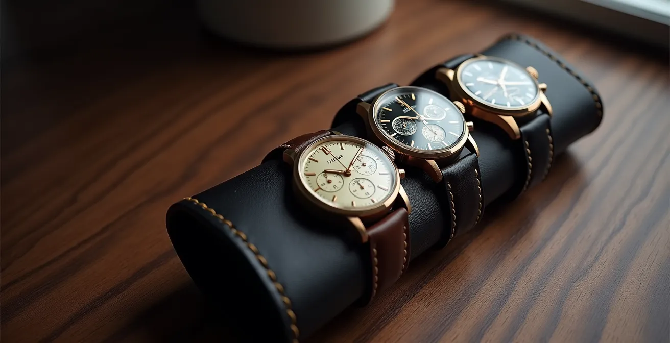 Arrangement historischer Chronographen-Modelle auf einem Sammlertablett, das verschiedene Designs zeigt.