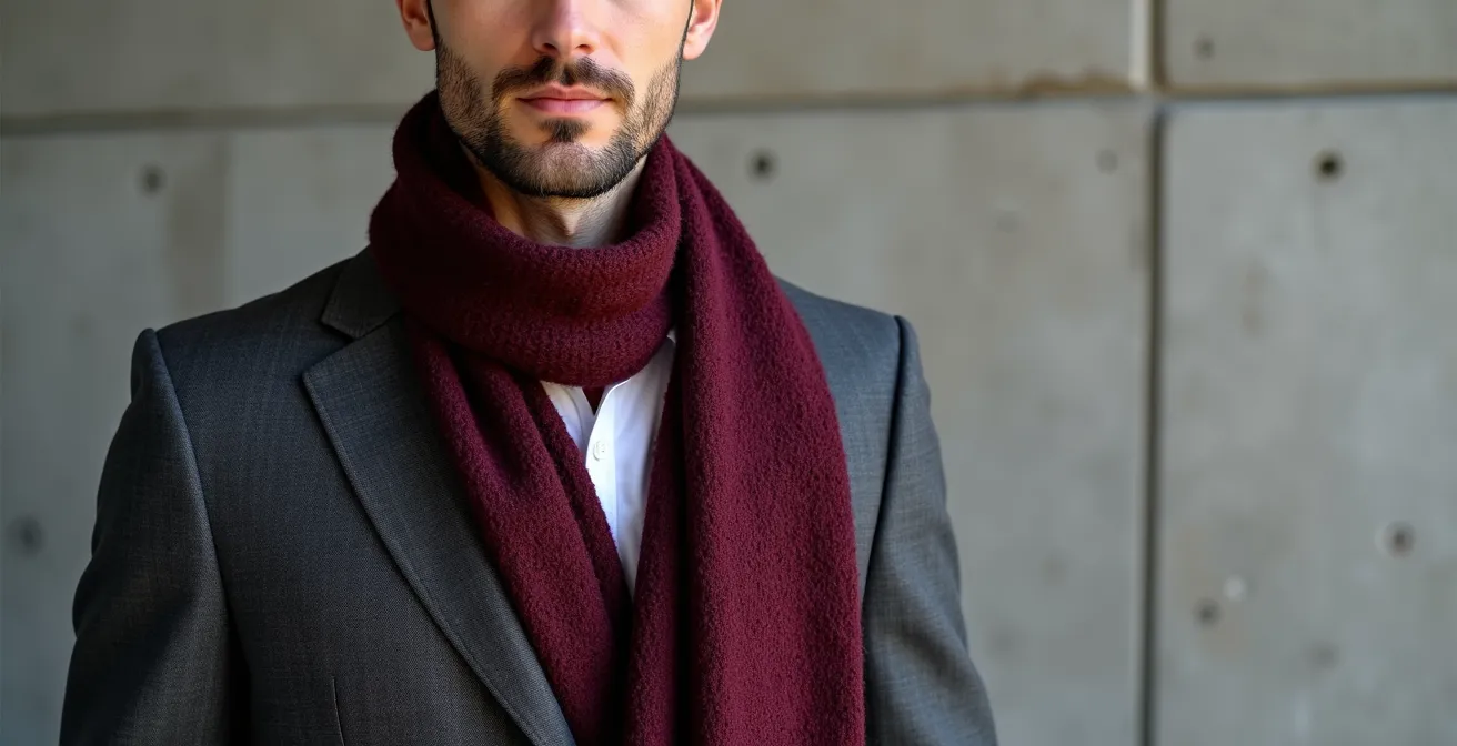 Selbstbewusster Mann trägt klassisches Outfit mit einem gewagten roten Statement-Schal als einziges experimentelles Element