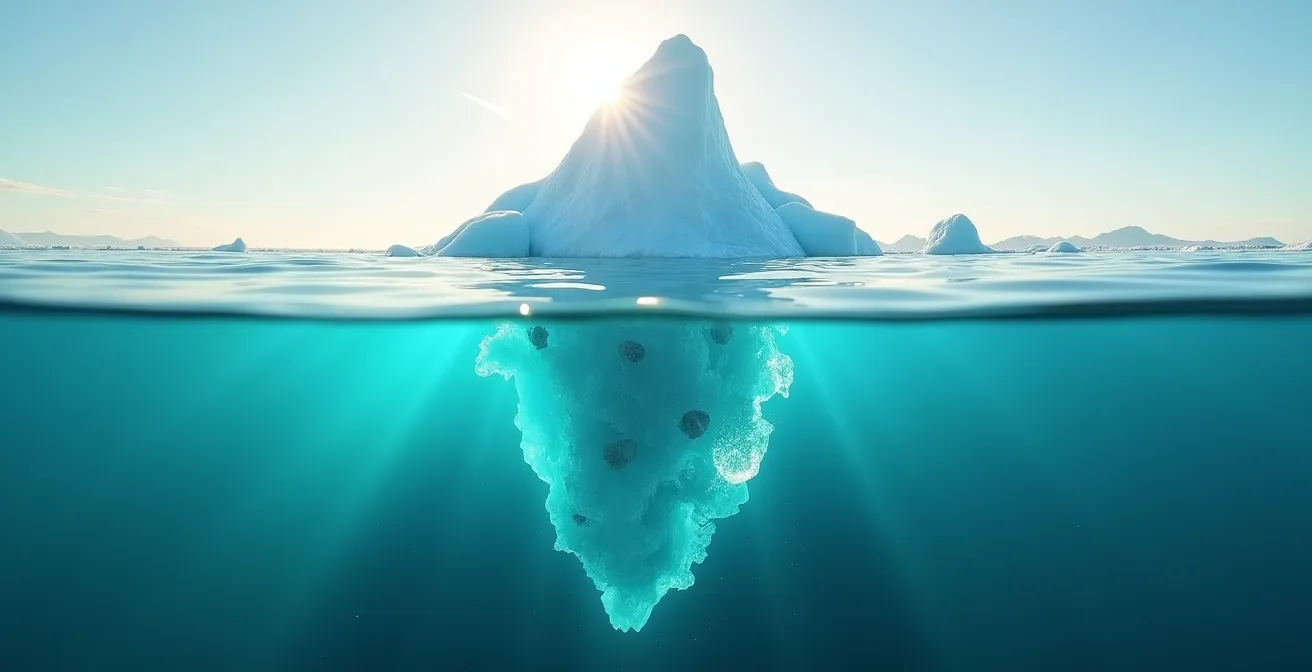 Eisberg-Metapher, die den unsichtbaren Kalorienverbrauch des Grundumsatzes unter der Wasseroberfläche zeigt.