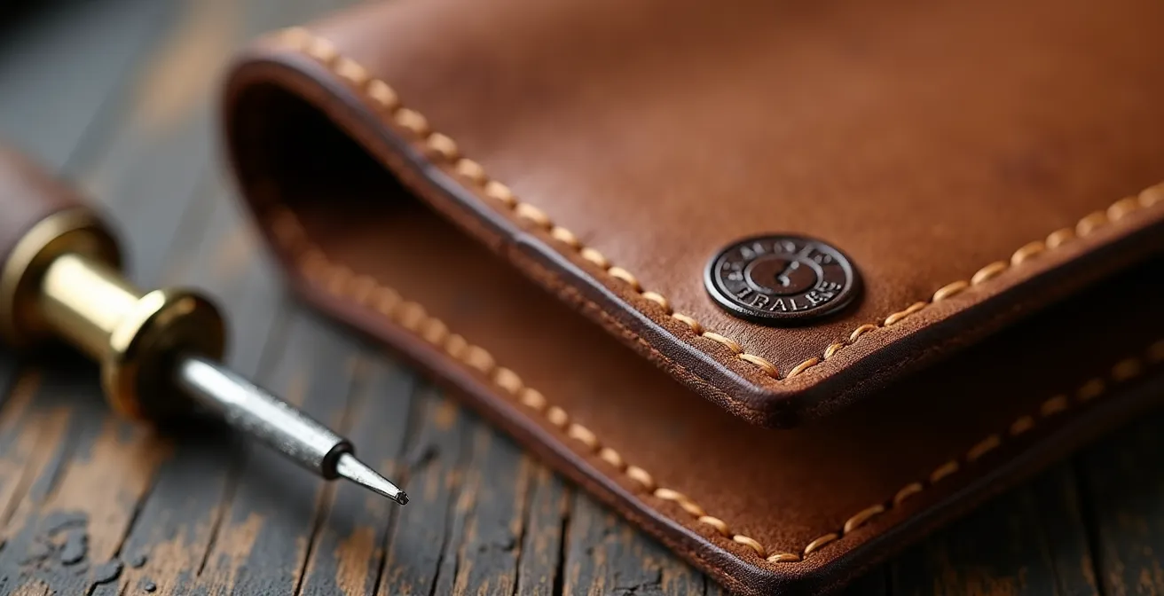 Nahaufnahme von handgefertigtem deutschem Lederaccessoire mit sichtbaren Qualitätsmerkmalen