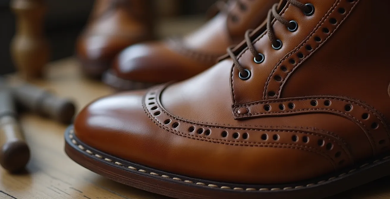 Makroaufnahme einer rahmengenähten Sohle mit sichtbarem Faden und Lederdetails