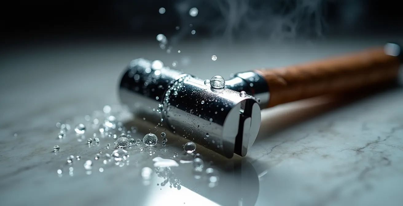 Detailaufnahme eines klassischen Rasierhobels mit Wassertropfen auf der Klinge