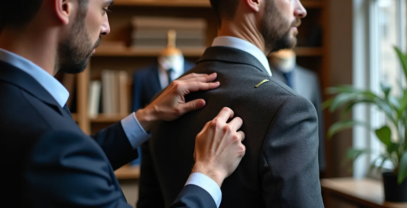 Detailaufnahme der Schulterpartie eines maßgeschneiderten Anzugs mit perfekter Passform