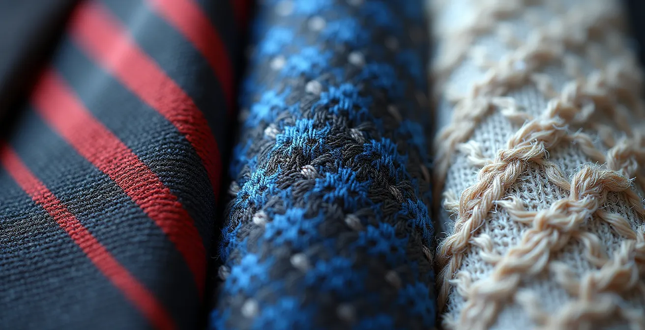 Makroaufnahme verschiedener Krawattenstoffe und deren Texturen: glänzende Seide, strukturierte Wolle und lässiges Leinen.