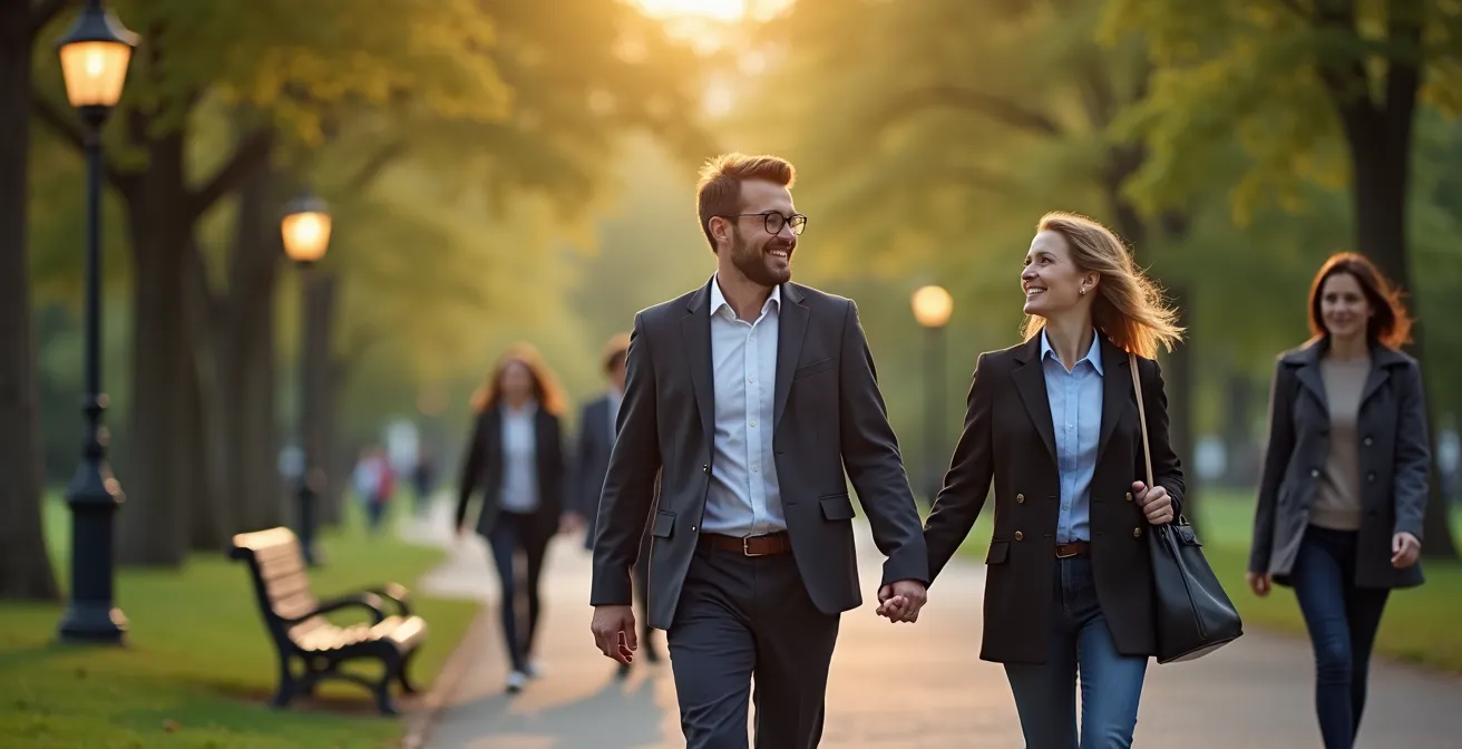 Menschen beim entspannten Spaziergang im deutschen Stadtpark am Abend