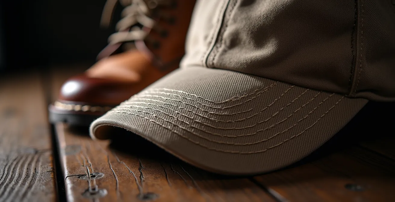 Stilvolle Kombination aus einer Arbeitskappe und hochwertigen Lederstiefeln