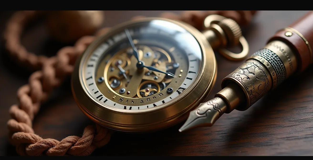 Vintage Taschenuhr und moderne Accessoires harmonisch kombiniert auf dunklem Holz