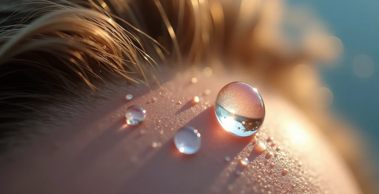 Extreme Nahaufnahme von Wassertropfen auf der Kopfhaut zwischen Haarsträhnen