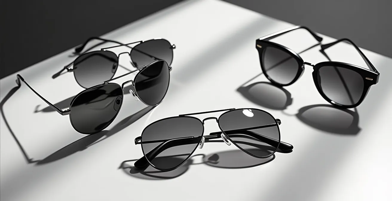 Ikonische Sonnenbrillen-Designs verschiedener Epochen künstlerisch arrangiert