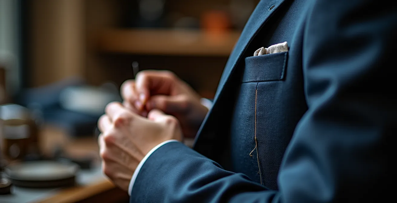 Detailaufnahme einer professionellen Sakko-Anpassung beim Änderungsschneider