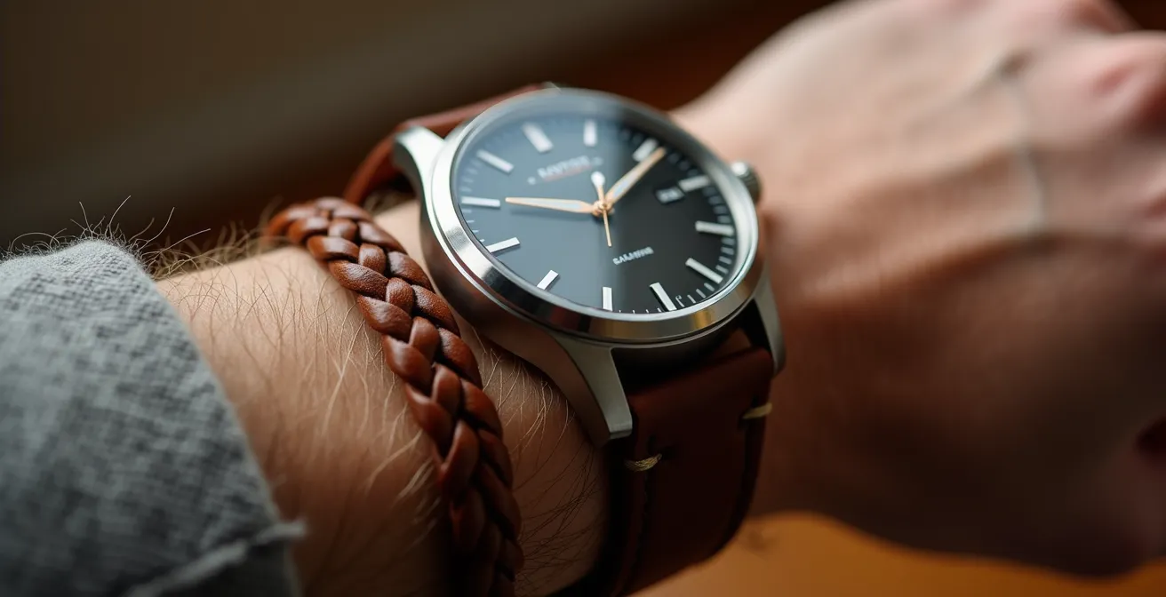 Nahaufnahme einer Herrenuhr mit dezentem Lederarmband in minimalistischer deutscher Ästhetik