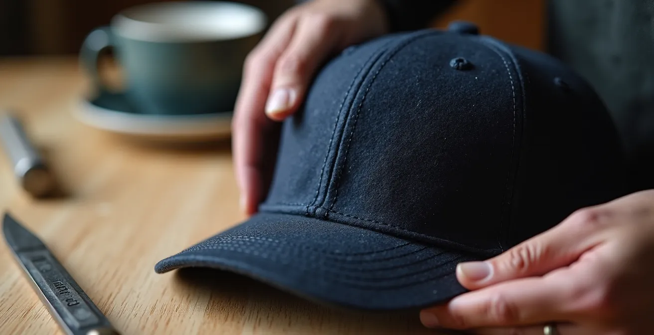 Nahaufnahme der Hände beim Formen eines Baseballcap-Schirms