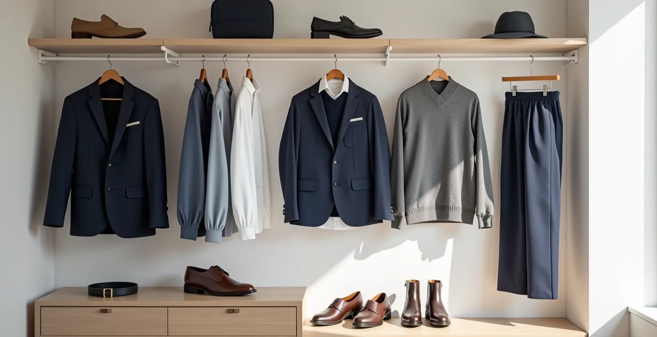 Übersichtlich arrangierte Capsule Wardrobe Basics in neutralen Farben auf hellem Hintergrund