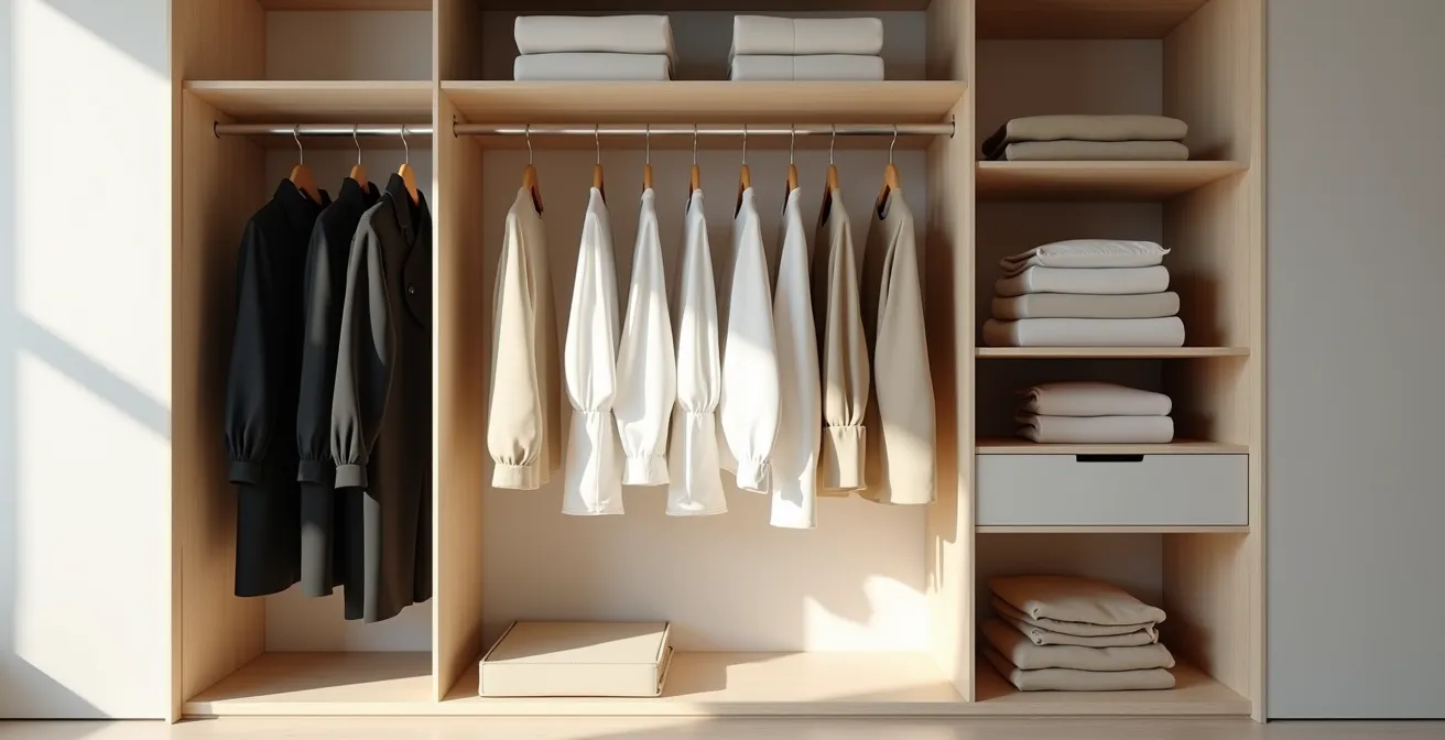 Minimalistisch organisierter Kleiderschrank mit farblich sortierten Basics