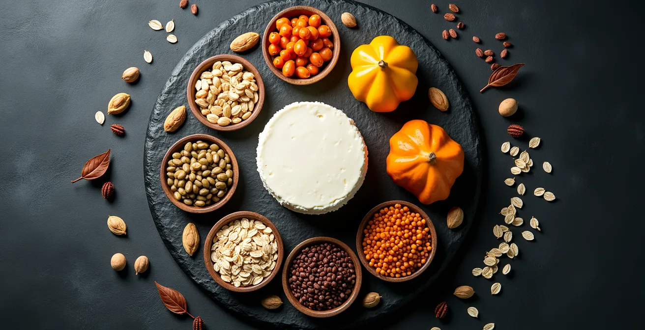 Ästhetische Anordnung deutscher Superfoods für Muskelaufbau und Haargesundheit