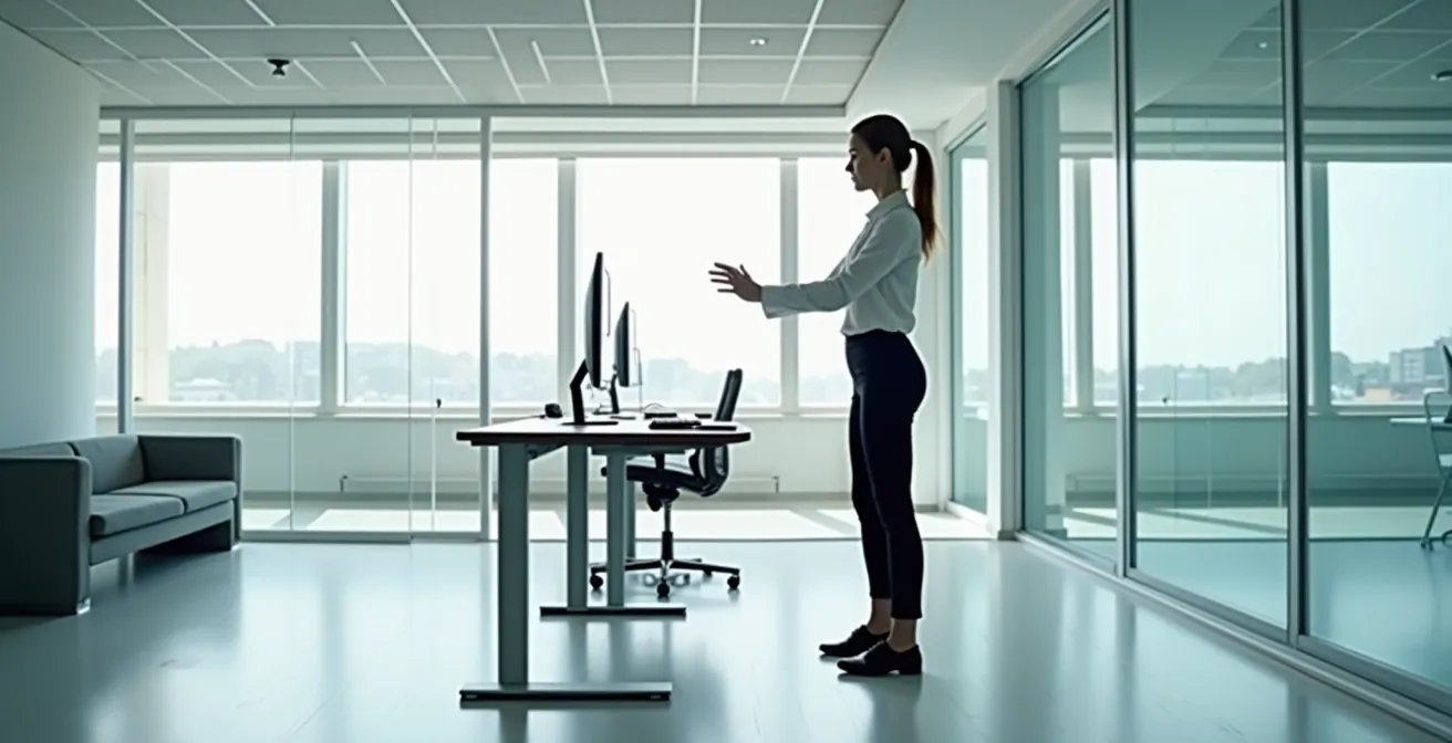 Geschäftsperson macht unauffällige Dehnübung im modernen deutschen Büro