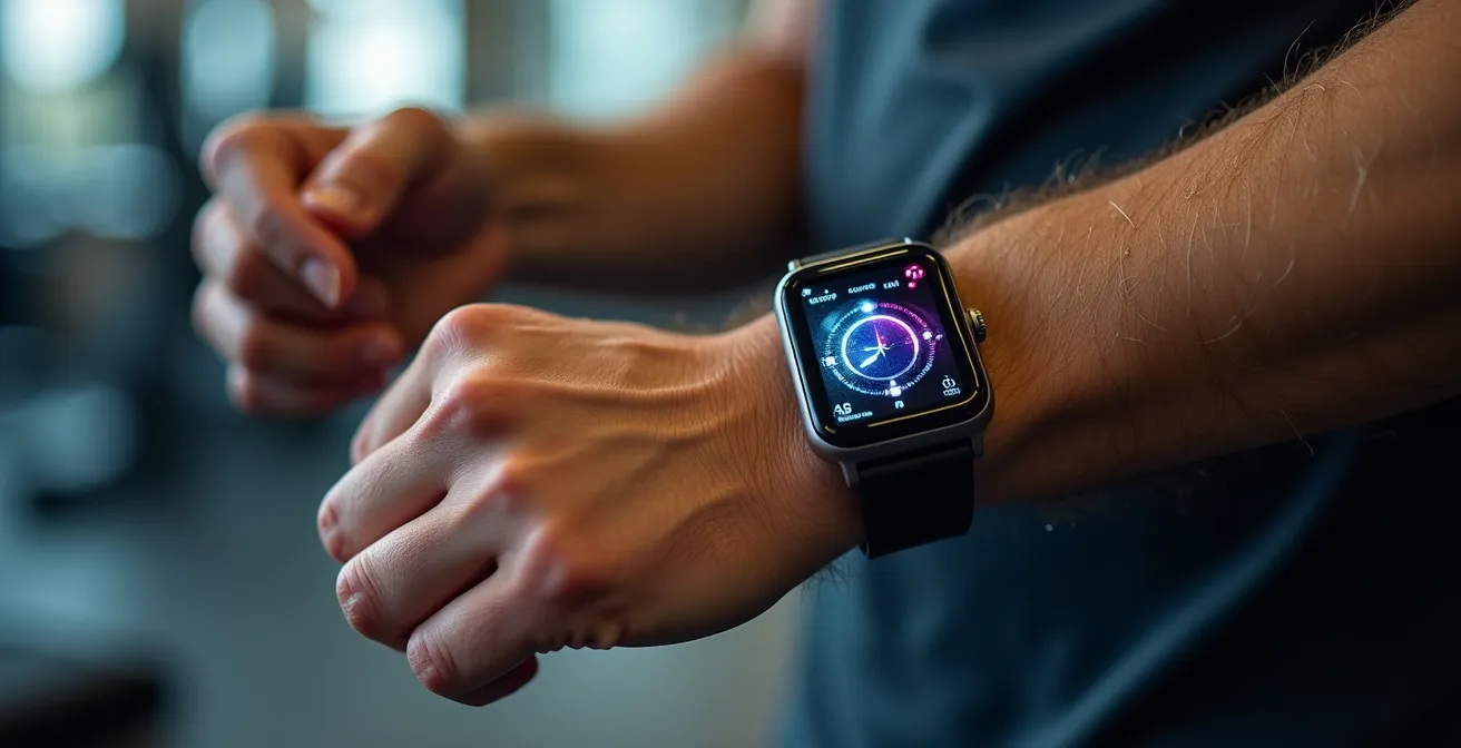 Nahaufnahme von Händen mit Fitness-Tracker zur Überwachung der Herzfrequenzvariabilität