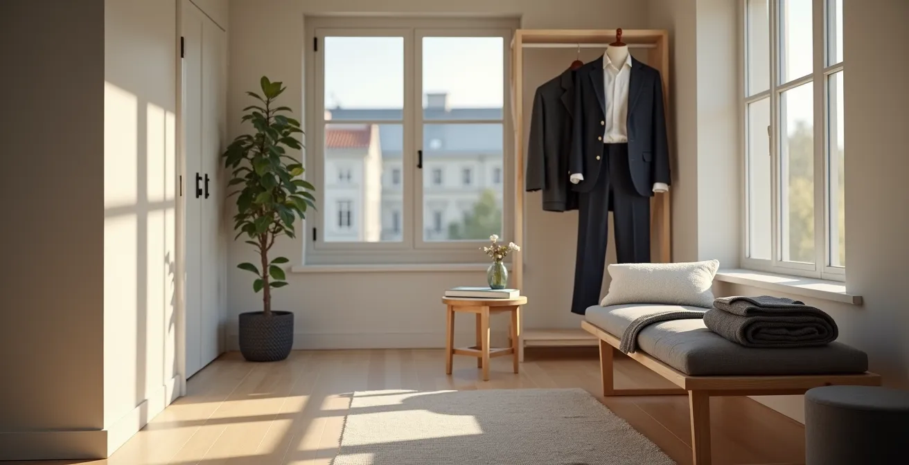 Visualisierung einer Morgenroutine, die von Sportkleidung zu einem Business-Outfit führt und den nahtlosen Übergang darstellt.