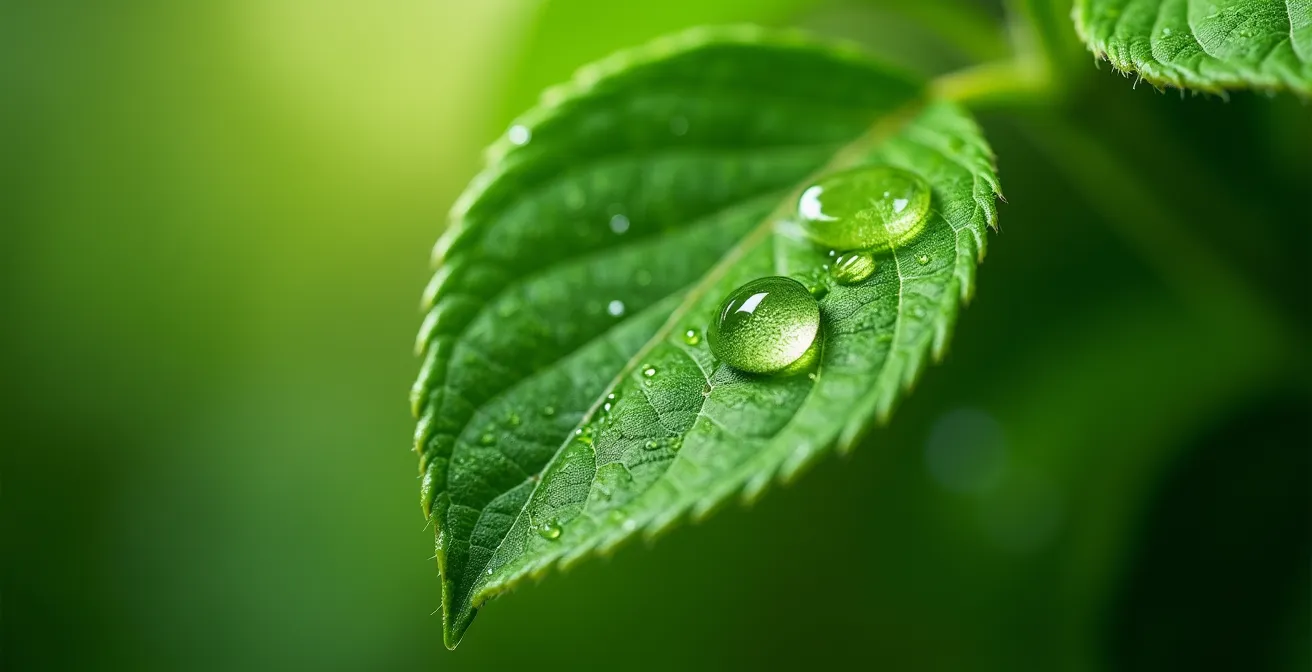 Makroaufnahme von einem grünen Pflanzenblatt mit Wassertropfen, das an einer Kante künstliche grüne Farbe abblättern lässt und eine braune Unterseite enthüllt.