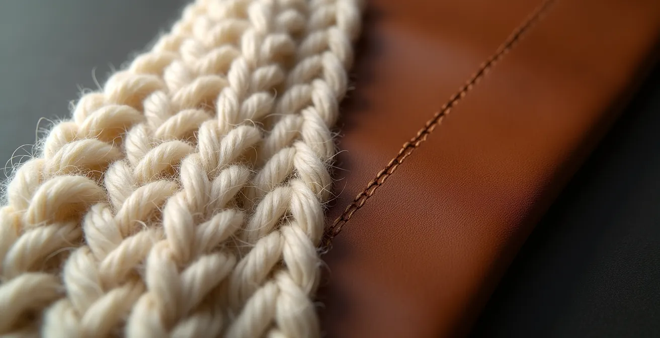 Makroaufnahme von grobem Strick neben glattem Leder zeigt Texturkontrast