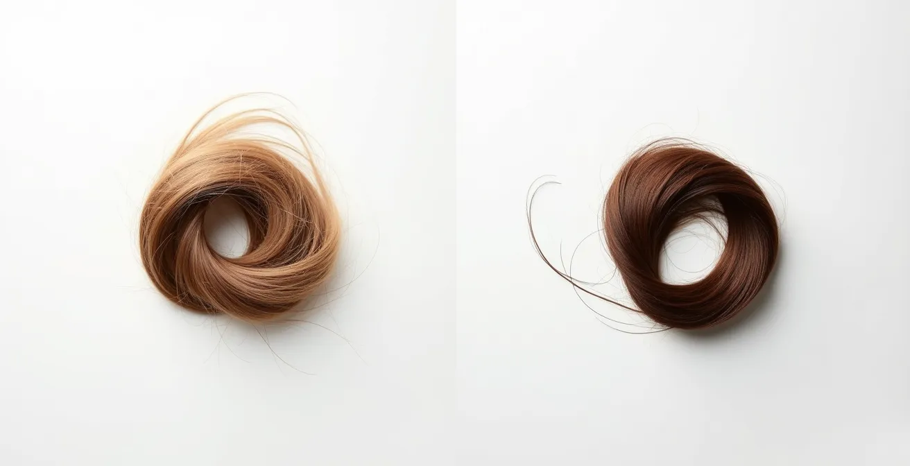 Vergleichsaufnahme gesunder und gespaltener Haarspitzen, die den Unterschied zwischen einer intakten und einer aufgerauten Haarstruktur zeigen.