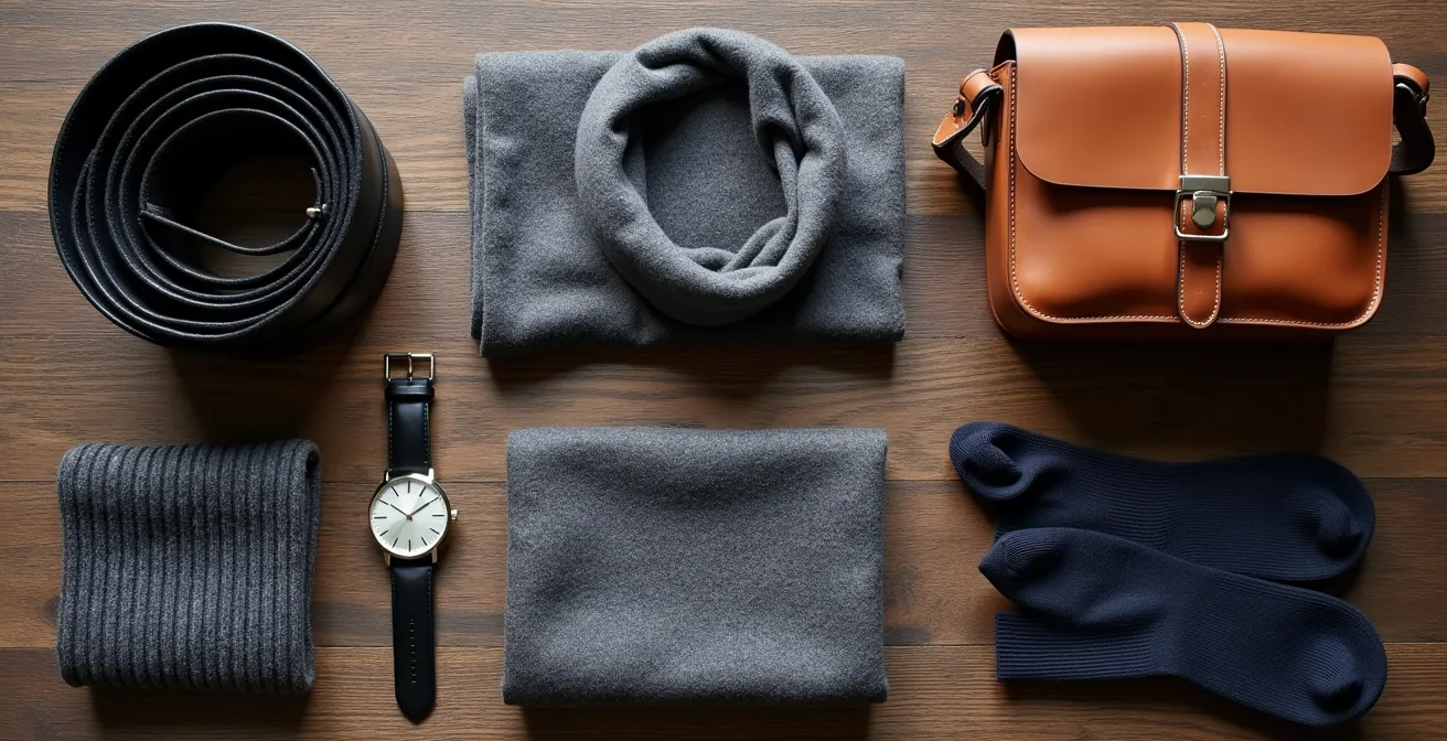 Eine Flat-Lay-Komposition der fünf wichtigsten Accessoires für den deutschen Mann: Ledergürtel, Uhr, Wollschal, Tasche und Qualitätssocken.