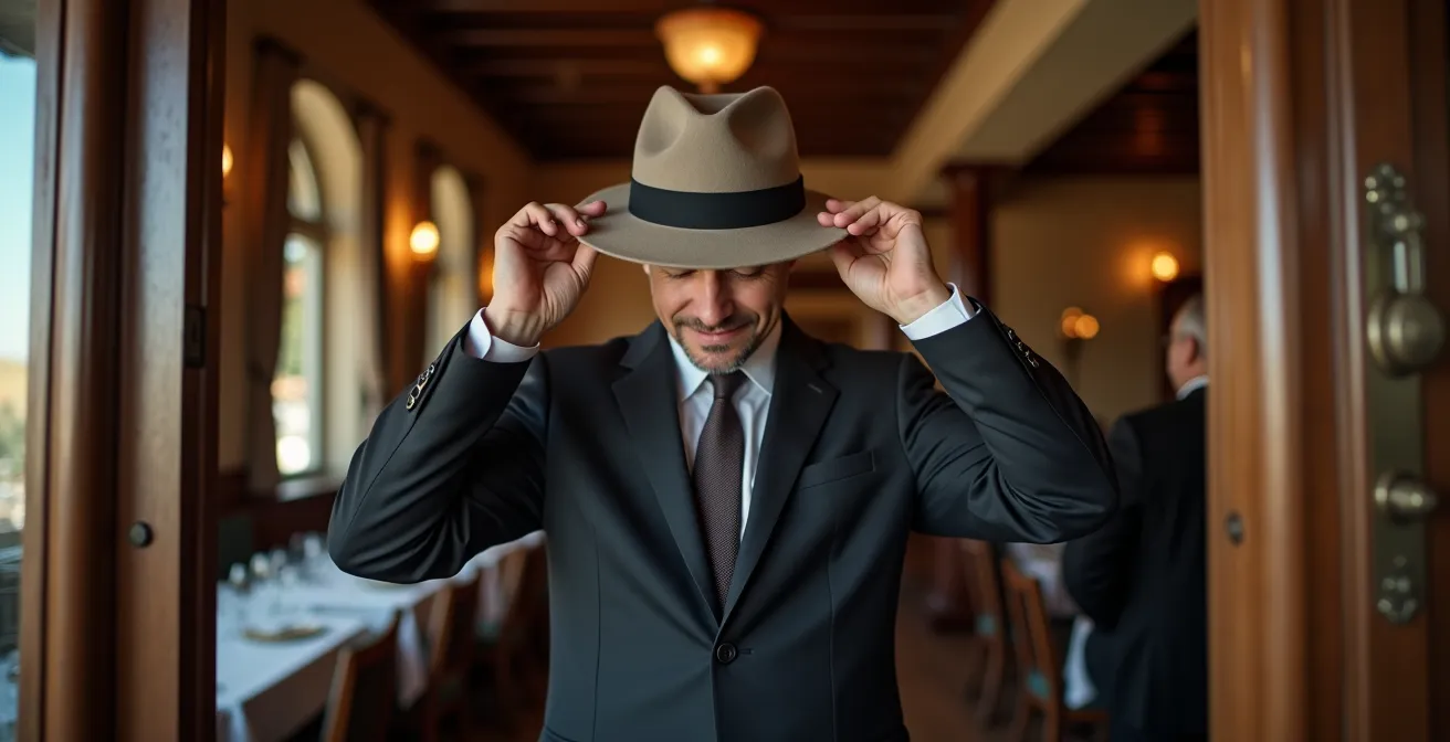 Eleganter Mann nimmt respektvoll seinen Hut beim Betreten eines traditionellen deutschen Restaurants ab