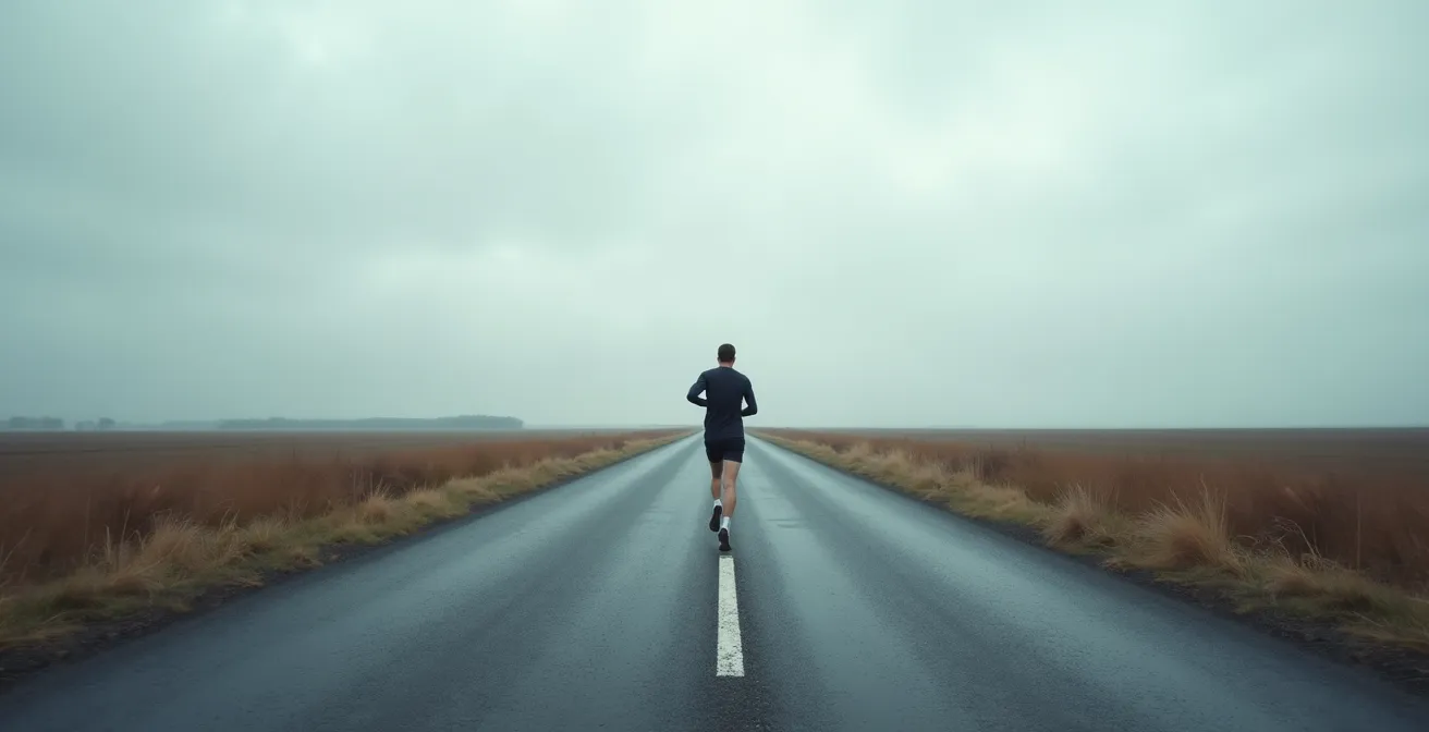 Ein einzelner Läufer auf einer weiten, leeren Straße in der deutschen Landschaft, von hinten aufgenommen, mit entschlossener Haltung bei Kilometer 30.