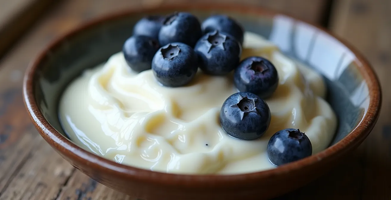 Nahaufnahme von Magerquark mit frischen Beeren auf einem Holztisch, der eine proteinreiche Mahlzeit für den Muskelerhalt symbolisiert.