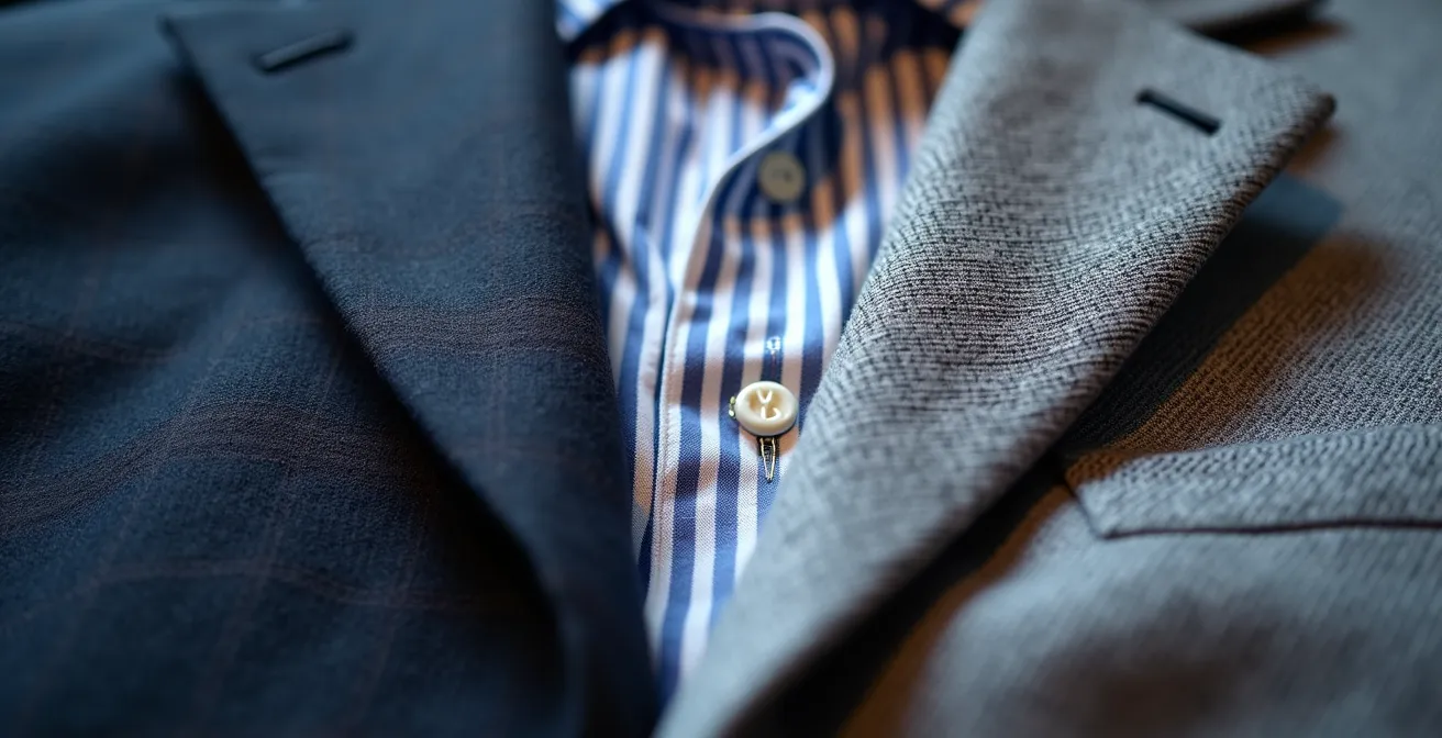 Detailaufnahme von kariertem Blazer mit gestreiftem Hemd in harmonischen Farbtönen